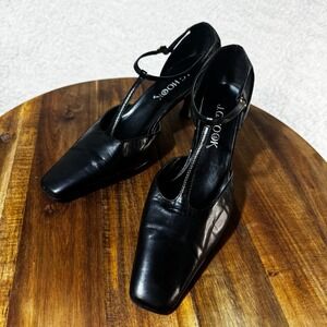 Vintage JG Hook Womens Black Leather T-Strap Pumps Square Toe Kitten Heels Sz 8M